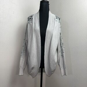 Ember Open Knit Cardigan Sweater Women's Medium Gray Pear Sleeve Detail Holiday